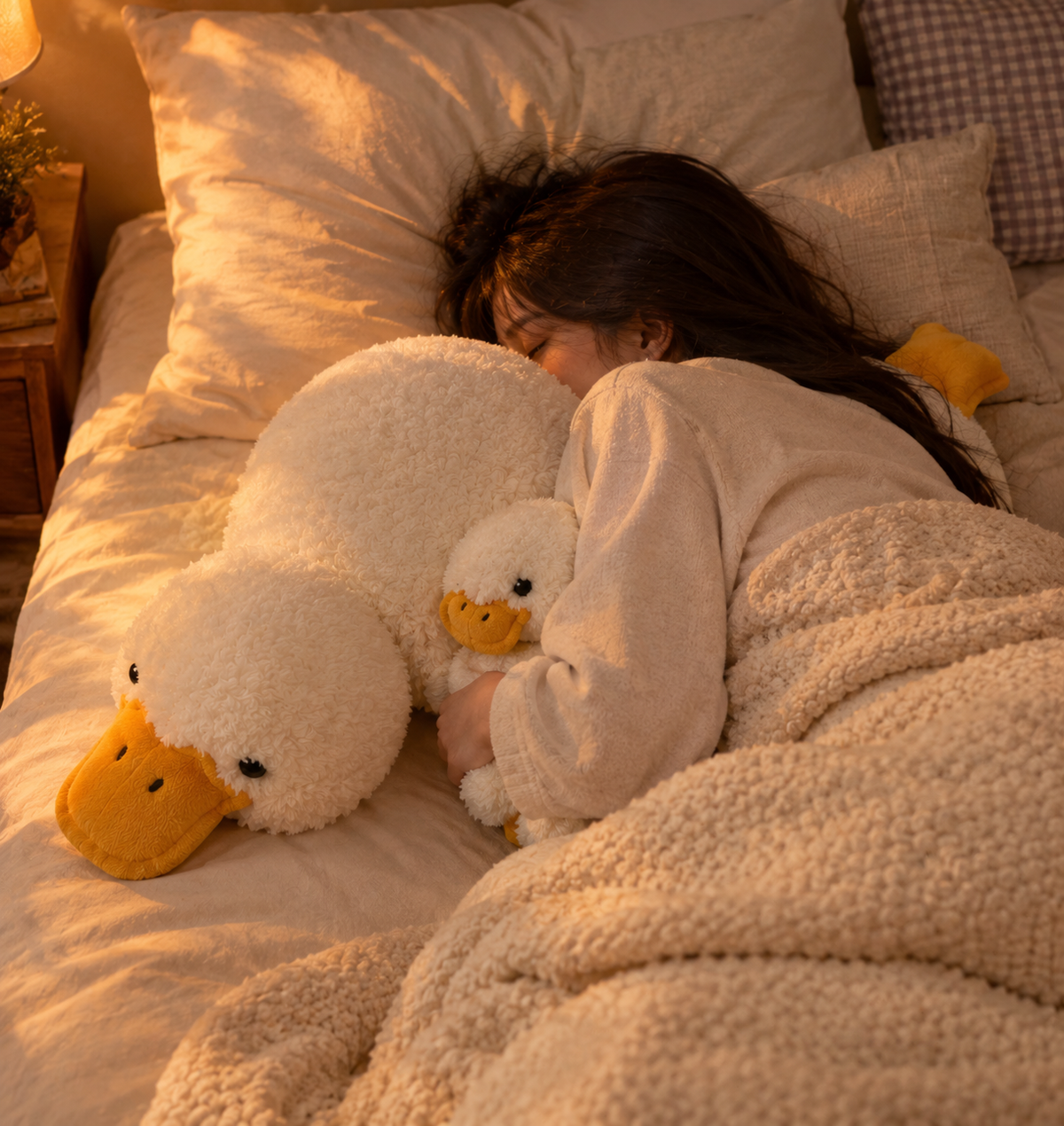 Persona durmiendo abrazada al Pato Abrazzo