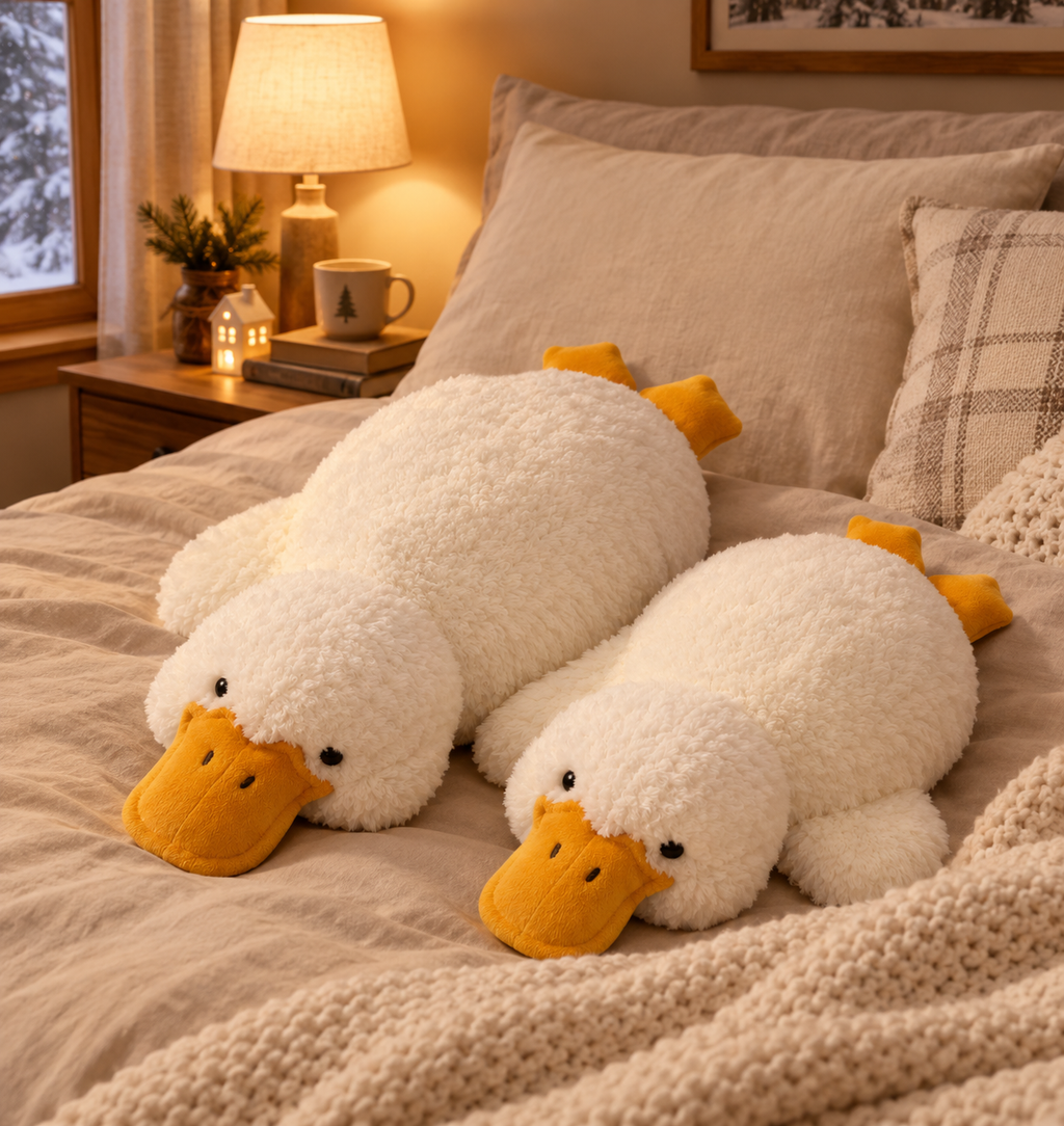 Dos peluches Pato Abrazzo sobre una cama